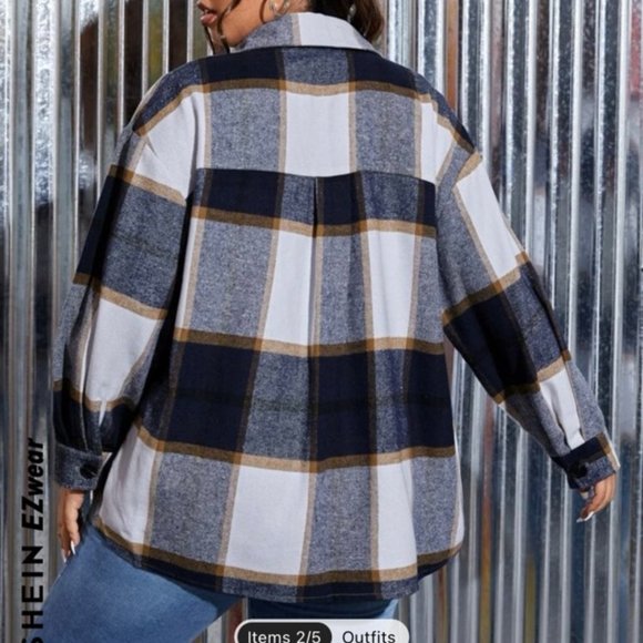 Shein Curve Plaid Flap Pocket Shacket - Picture 3 of 11